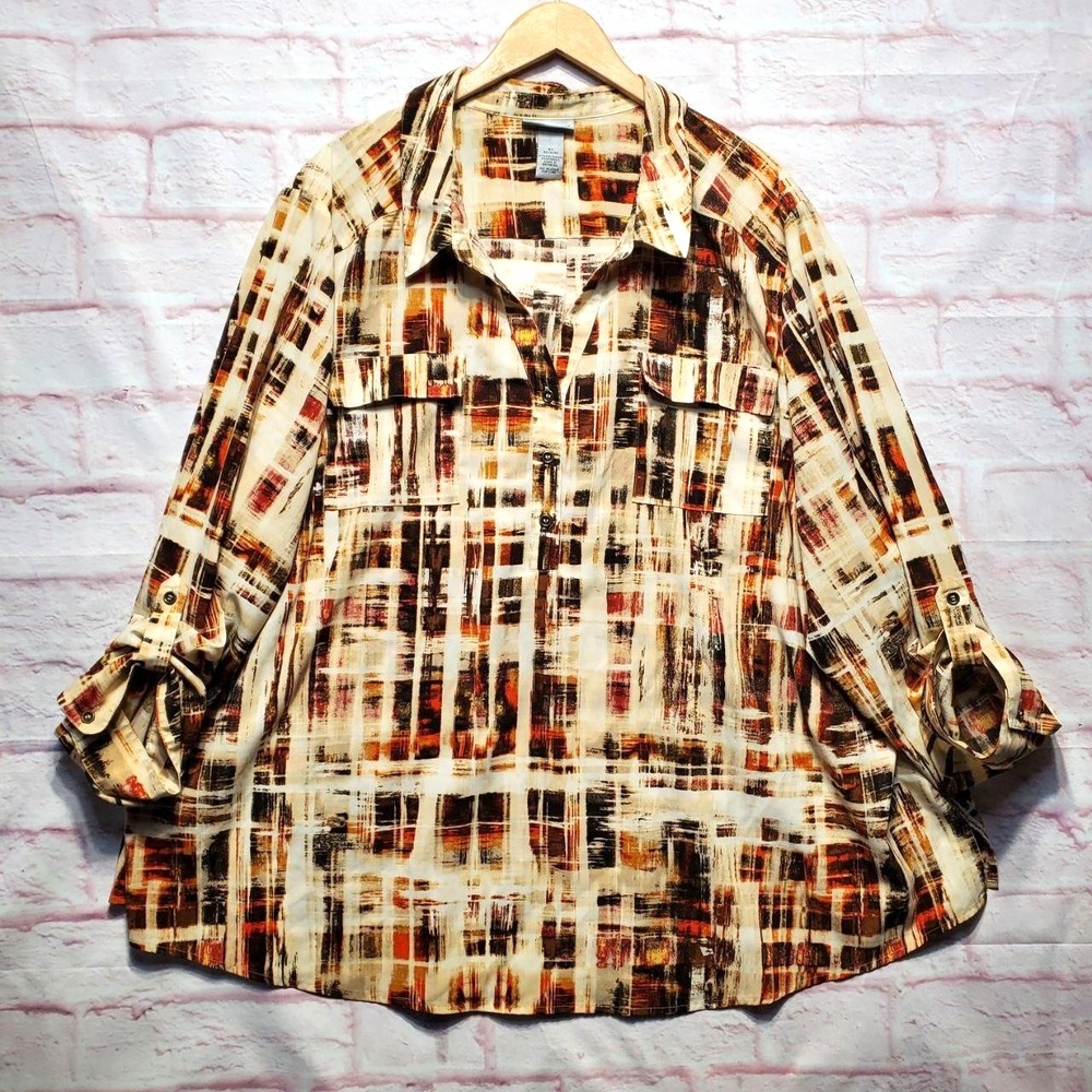 Catherines Shirt Womens 4X 30/32W‎ Beige Brown Abstract Boho Chic Tunic Casual
